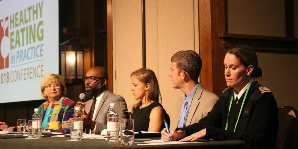Panel discussion at Healthy Eating in Practice Conference with Kathy Higgins, Dwayne Wharton, Sarah Reinhardt, Adam Zolotor, and Heidi Blanck