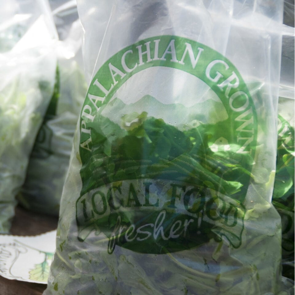 Appalachian Grown roll bag with arugula