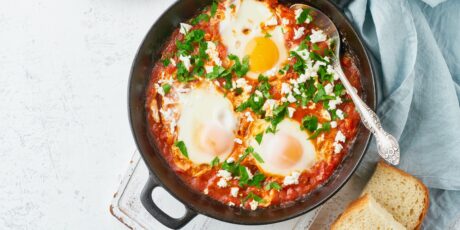 shakshuka with tomatoes and eggs